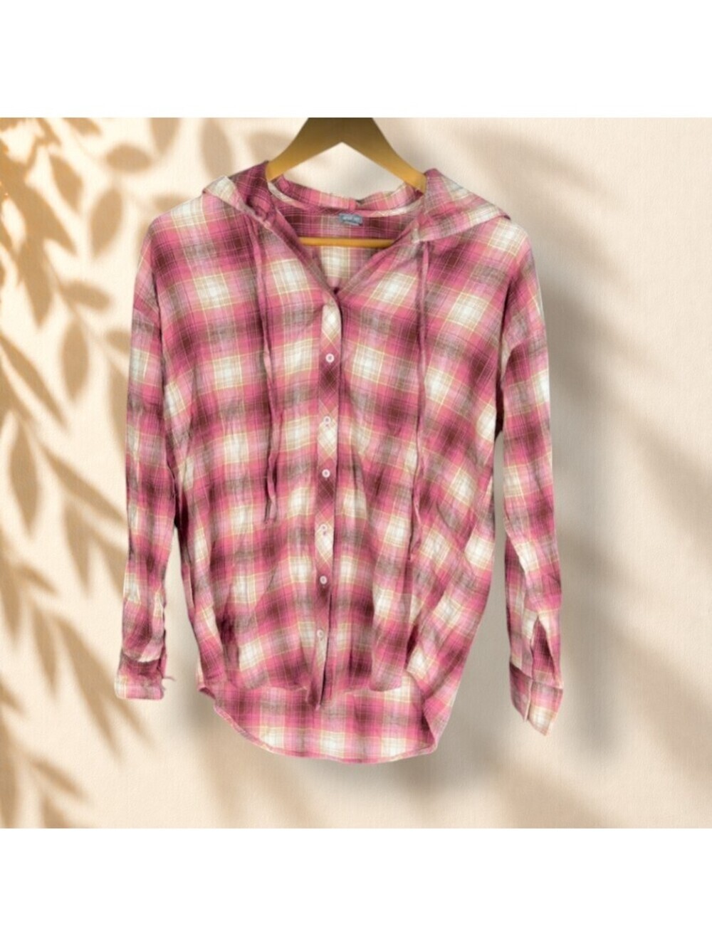 Aerie Shirt Women XS Pink Plaid Button Up V-Neck Hooded Long Sleeve Casual